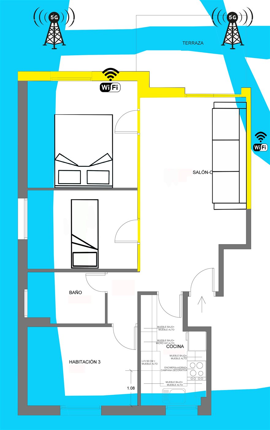 Plano de una vivienda con propuesta de mejora y apantallamiento